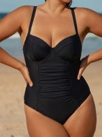 Black Ruched Tummy Control Plus Size One Piece Swimsuit - Image 4