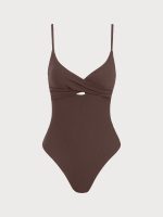 Coffee Ribbed Twist Knot One-Piece Swimsuit - Image 10