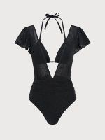 Black Lurex V Neck Tie One-Piece Swimsuit - Image 8