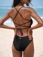 Black Ribbed Cross Back One-Piece Swimsuit - Image 2