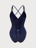 Blue Lurex V-Neck One Piece Swimwear - Image 9