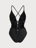 Black Textured Plunge One-Piece Swimsuit - Image 7
