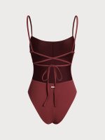Wine Red Ribbed Cross Back One-Piece Swimsuit - Image 9