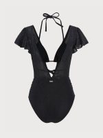 Black Lurex V Neck Tie One-Piece Swimsuit - Image 9