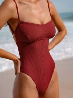 Wine Red Ribbed Cross Back One-Piece Swimsuit - Image 3