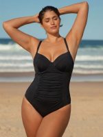 Black Ruched Tummy Control Plus Size One Piece Swimsuit - Image 3