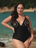 Black Floral Pattern Plus Size One-Piece Swimsuit - Image 4