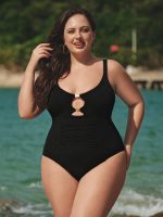 Black Cutout Gold-Accented Plus Size One-Piece Swimsuit - Image 3