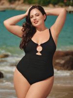 Black Cutout Gold-Accented Plus Size One-Piece Swimsuit - Image 5