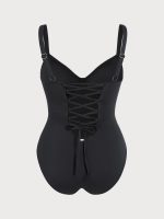 Black Ruched Tummy Control Plus Size One Piece Swimsuit - Image 7