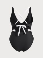 Black V Neck Plus Size One-Piece Swimsuit - Image 6