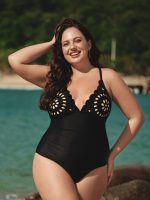 Black Floral Pattern Plus Size One-Piece Swimsuit - Image 5
