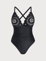 Black Floral Pattern Plus Size One-Piece Swimsuit - Image 6