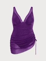 Purple Ruched Drawstring Plus Size One-Piece Swimsuit - Image 6