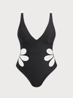 Black V Neck Plus Size One-Piece Swimsuit - Image 5