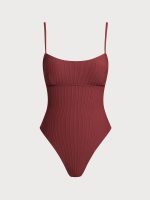 Wine Red Ribbed Cross Back One-Piece Swimsuit - Image 8