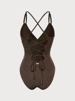 Dark Coffee Lurex V-Neck One Piece Swimwear - Image 7