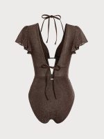 Dark Coffee Lurex V Neck Tie One-Piece Swimsuit - Image 8