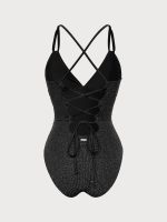Black Lurex V-Neck One Piece Swimwear - Image 5