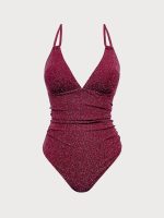Wine Red Lurex V-Neck One Piece Swimwear - Image 6