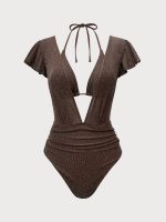 Dark Coffee Lurex V Neck Tie One-Piece Swimsuit - Image 7