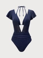 Blue Lurex V Neck Tie One-Piece Swimsuit - Image 4