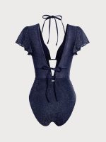 Blue Lurex V Neck Tie One-Piece Swimsuit - Image 5