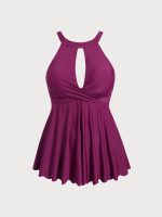 Burgundy Halter Twist Front Plus Size Tankini Top - Image 5