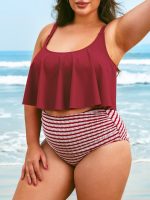 Wine Red U-Neck Plus Size Tankini Top - Image 3