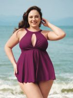 Burgundy Halter Twist Front Plus Size Tankini Top - Image 4
