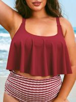 Wine Red U-Neck Plus Size Tankini Top