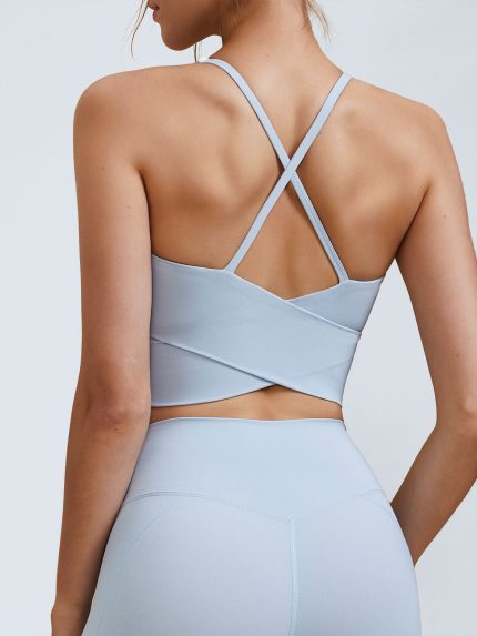 Light Blue V Neck X-Cross Sports Bra - Medium Support