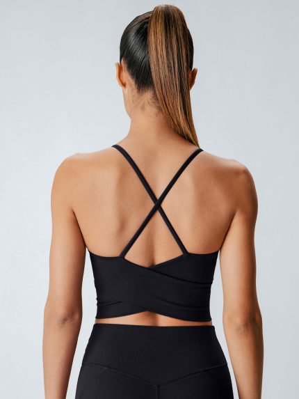 Black V Neck X-Cross Sports Bra - Medium Support