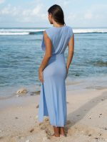 Blue Deep V-Neck Knotted Mesh Cover-up Dress - Image 2