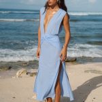Blue Deep V-Neck Knotted Mesh Cover-up Dress