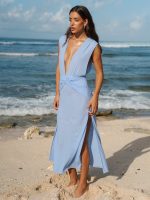 Blue Deep V-Neck Knotted Mesh Cover-up Dress