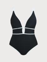 Black Contrast V Neck Plus Size One-Piece Swimsuit - Image 5