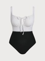 Black Contrast Strap Tie Plus Size One-Piece Swimsuit - Image 4