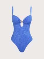 Blue Floral Textured One-Piece Swimsuit - Image 5