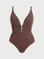 Dark Coffee Drawstring Plus Size One-Piece Swimsuit - Image 6
