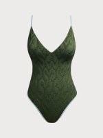 Dark Green Textured V Neck One-Piece Swimsuit - Image 5