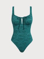 Dark Green Jacquard Drawstring One-Piece Swimsuit - Image 6