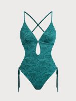 Dark Green Jacquard X Cross One-Piece Swimsuit - Image 6