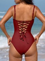 Wine Red Cross Back One Piece Swimwear - Image 6