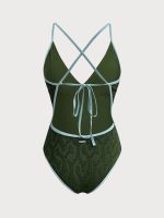 Dark Green Textured V Neck One-Piece Swimsuit - Image 6