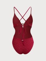 Wine Red Textured Cutout One Piece Swimwear - Image 8