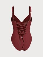 Wine Red Cross Back One Piece Swimwear - Image 8