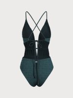 Dark Green Textured Plunge One-Piece Swimsuit - Image 11