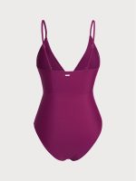 Burgundy Ruched V Neck One-Piece Swimsuit - Image 7