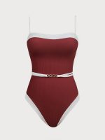 Wine Red Contrast Gleam One-Piece Swimsuit - Image 7